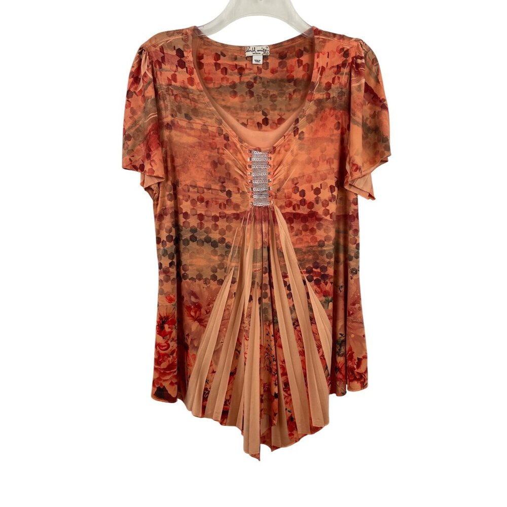 Womens Plus Size V-Neck Floral & Geometric Pleated Tunic Top w/Sequin Detail